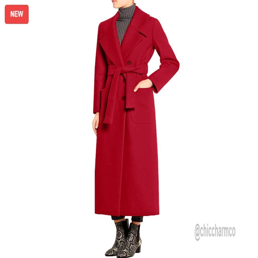 Wool Blend Pea Coat with Lapel Collar and Belt, Double Breasted, Ankle Length